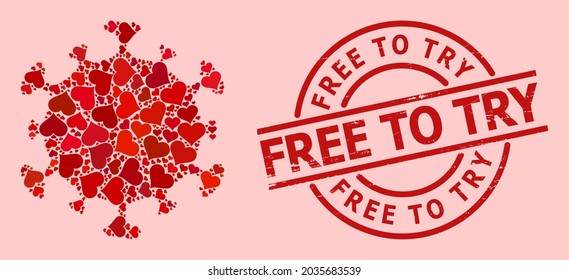 Rubber Free to Try seal, and red love heart mosaic for covid virus. Red round seal has Free to Try caption inside circle. Covid virus mosaic is done from red romance elements.