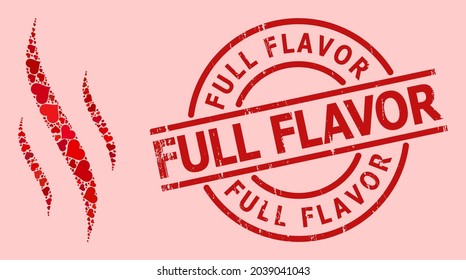 Rubber Full Flavor stamp seal, and red love heart mosaic for aroma. Red round stamp seal contains Full Flavor tag inside circle. Aroma collage is organized of red valentine symbols.