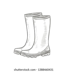 Rubber Garden boots. Protection shoes, waterproof footwear or working uniform. Waterproof footwear. Sketch style, vector illustration