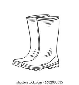 Rubber Garden boots. Protection shoes, waterproof footwear or working uniform. Waterproof footwear. Outline vector illustration.