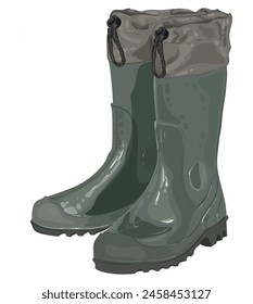 Rubber garden boots for rainy weather, swamp color. Wading shoes for rain. Vector isolated illustration on white background.