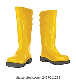 Rubber garden boots for rainy weather in yellow. Yellow shoes for rain. Vector isolated illustration on white background.