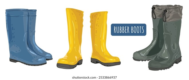 Botas de jardín de goma para Clima lluvioso en amarillo, azul y verde. Set zapatos impermeables para la lluvia y la calle. Vector aislado ilustración.