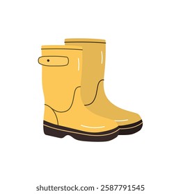 Rubber garden boots in yellow. Yellow footwear for rain. Vector flat illustration. Isolated on white background.