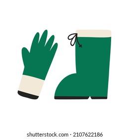 Rubber gardening glove and boot. Simple flat vector illustration isolated on a white background.