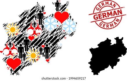 Rubber German badge, and sunny humans virus therapy collage map of North Rhine-Westphalia State. Red round stamp seal contains German text inside circle.