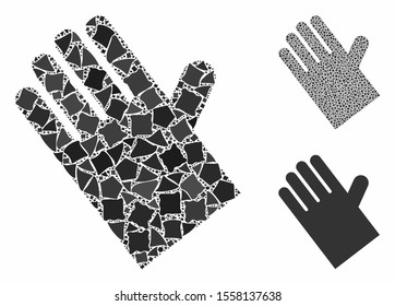 Rubber glove composition of tremulant elements in various sizes and color tones, based on rubber glove icon. Vector ragged dots are combined into collage.