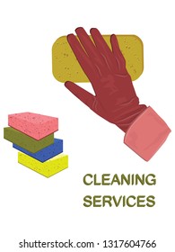 Rubber glove and a set of sponges for home cleaning - isolated on white background - flat style - vector