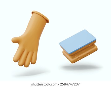 Rubber glove, sponge. Set of realistic objects for cleaning concepts. Equipment for wiping away dirt. Accessory to protect cleaner hands. Isolated objects