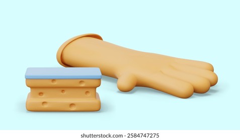 Rubber glove, sponge with surfaces of different hardness. Vector composition on blue background. Group of elements for manual cleaning concepts. Wiping, scraping off dirt