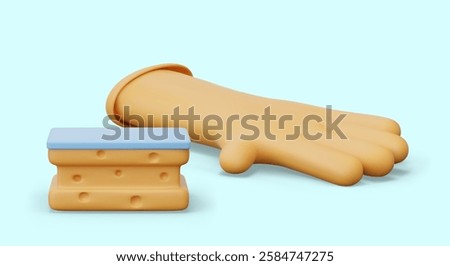 Rubber glove, sponge with surfaces of different hardness. Vector composition on blue background. Group of elements for manual cleaning concepts. Wiping, scraping off dirt