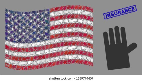 Rubber glove symbols are combined into United States flag mosaic with blue rectangle grunge stamp watermark of Insurance text.
