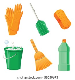 Rubber gloves, brush, sponge, bucket, broom and detergent.