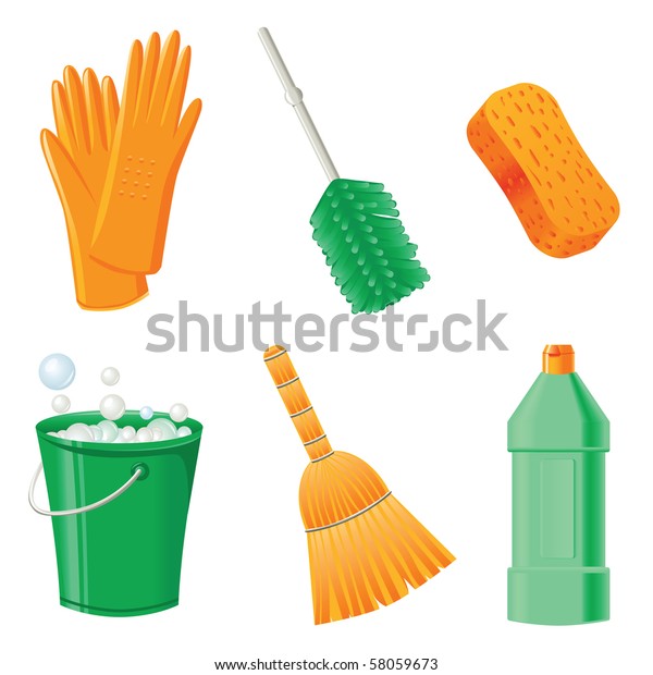 Rubber gloves, brush, sponge, bucket, broom\
and detergent.