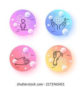 Rubber gloves, Difficult stress and Organic tested minimal line icons. 3d spheres or balls buttons. Electronic thermometer icons. For web, application, printing. Vector