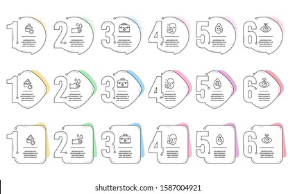 Rubber gloves, First aid and Eye laser line icons set. Infographic timeline. Ph neutral, Sun cream and Face declined signs. Hygiene equipment, Medicine case, Optometry clinic. Water. Vector