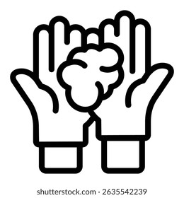 Rubber gloves hands with raw clay piece line icon, pottery making concept. Vector graphics. Clay in hands sign on white background, style mobile or design
