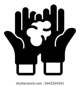 Rubber gloves hands with raw clay piece solid icon, pottery making concept. Vector graphics. Clay in hands sign on white background, style mobile or design