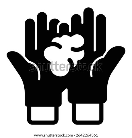 Rubber gloves hands with raw clay piece solid icon, pottery making concept. Vector graphics. Clay in hands sign on white background, style mobile or design