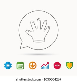 Rubber gloves icon. Latex hand protection sign. Housework cleaning equipment symbol. Calendar, Graph chart and Cogwheel signs. Download and Shield web icons. Vector