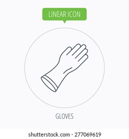Rubber gloves icon. Latex hand protection sign. Housework cleaning equipment symbol. Linear outline circle button. Vector