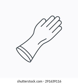 Rubber gloves icon. Latex hand protection sign. Housework cleaning equipment symbol. Linear outline icon on white background. Vector