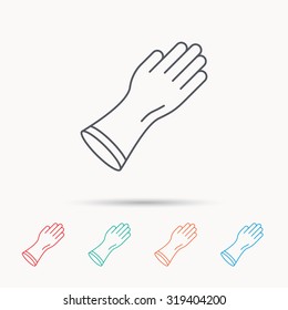 Rubber gloves icon. Latex hand protection sign. Housework cleaning equipment symbol. Linear icons on white background. Vector