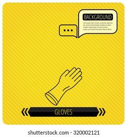 Rubber gloves icon. Latex hand protection sign. Housework cleaning equipment symbol. Chat speech bubbles. Orange line background. Vector