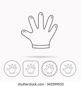 Rubber gloves icon. Latex hand protection sign. Housework cleaning equipment symbol. Linear circle, square and star buttons with icons.