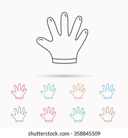 Rubber gloves icon. Latex hand protection sign. Housework cleaning equipment symbol. Linear icons on white background.