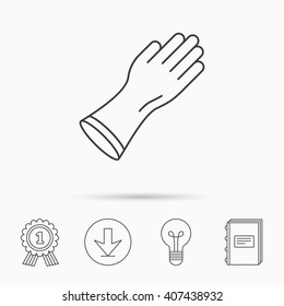 Rubber gloves icon. Latex hand protection sign. Housework cleaning equipment symbol. Download arrow, lamp, learn book and award medal icons.
