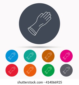 Rubber gloves icon. Latex hand protection sign. Housework cleaning equipment symbol. Icons in colour circle buttons. Vector