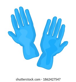 Rubber gloves isolated on white background. Blue cleaning or latex medical gloves. Protection against viruses and bacteria. Hygiene, cleaning, wash, housekeeping work. Stock vector illustration