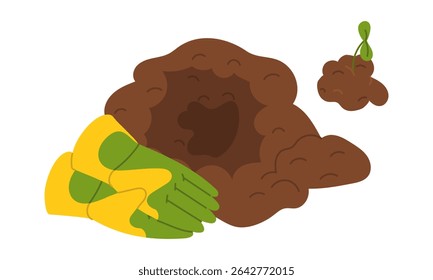 rubber gloves soil and sprout for planting. Before boarding. Gardening tools. Flat color illustration. Suitable topics are ecology, gardening, sustainable development, landscaping, nature conservation