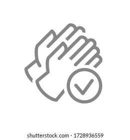 Rubber gloves with tick checkmark line icon. Hand protective, infection prevention symbol