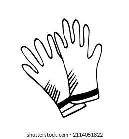 Rubber gloves    vector simple poster and lettering   hand drawn outline drawing in doodle  Tool to protect hands from viruses  dirt  chemicals  for work in garden  Theme medicine  pandemic