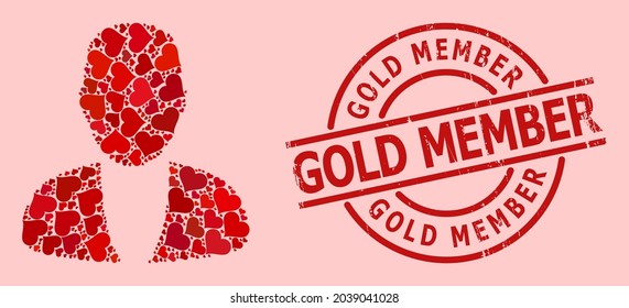 Rubber Gold Member stamp seal, and red love heart mosaic for guy person. Red round stamp seal includes Gold Member tag inside circle. Guy person mosaic is done from red romance items.