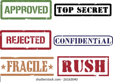 Rubber grunge stamps (approved confidential fragile rush rejected and top secret).