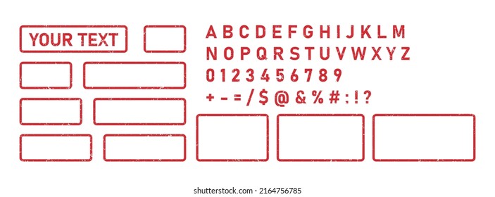 Rubber grunge stamps and letters. Vintage rubber rectangular stamp designer. Red frames and font, alphabet, numbers. Grunge vintage square seal label. Vector illustration isolated on white background.