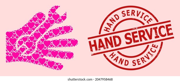 Rubber Hand Service stamp seal, and pink love heart collage for repair service hand. Red round stamp seal has Hand Service text inside circle.