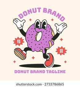 Rubber hose walking donut mascot with purple icing. Retro donut brand logo with vintage typography and stars.