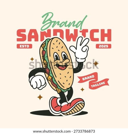 Rubber hose walking sub sandwich mascot gesturing. Retro deli brand logo with vintage typography and stars.