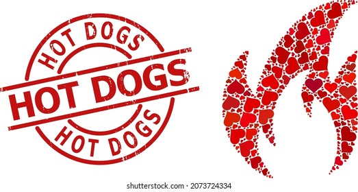 Rubber Hot Dogs stamp seal, and red love heart collage for fire. Red round stamp seal has Hot Dogs title inside circle. Fire mosaic is constructed from red wedding items.