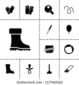 Rubber icon. collection of 13 rubber filled icons such as glove, plunger, boot, gloves, censored, pipette, balloon, table tennis. editable rubber icons for web and mobile.