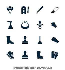 Rubber icon. collection of 16 rubber filled icons such as glove, gloves, plunger, boot, stamp, inflatable boat, pipette, balloon. editable rubber icons for web and mobile.