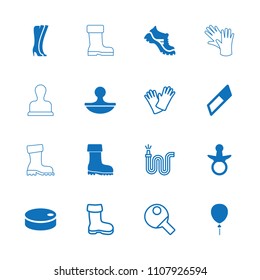 Rubber icon. collection of 16 rubber filled and outline icons such as pacifier, boot, eraser, stamp, hockey puck, water hose, gloves. editable rubber icons for web and mobile.