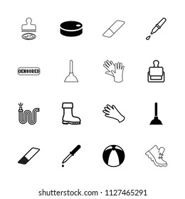 Rubber icon. collection of 16 rubber filled and outline icons such as pipette, hockey puck, stamp, gloves, water hose, boot, plunger. editable rubber icons for web and mobile.