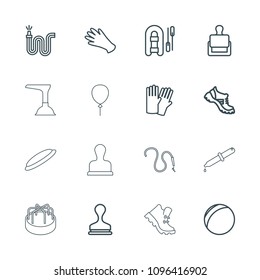 Rubber icon. collection of 16 rubber outline icons such as stamp, glove, gloves, boot, inflatable boat, plastic ball, water hose. editable rubber icons for web and mobile.