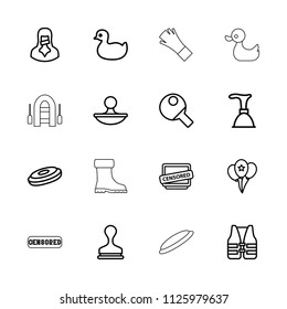 Rubber icon. collection of 16 rubber outline icons such as duck, plunger, stamp, hockey puck, censored woman, censored, balloon. editable rubber icons for web and mobile.