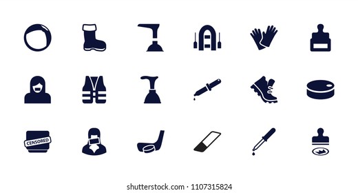 Rubber icon. collection of 18 rubber filled icons such as boot, stamp, plunger, gloves, pipette, censored woman, censored. editable rubber icons for web and mobile.